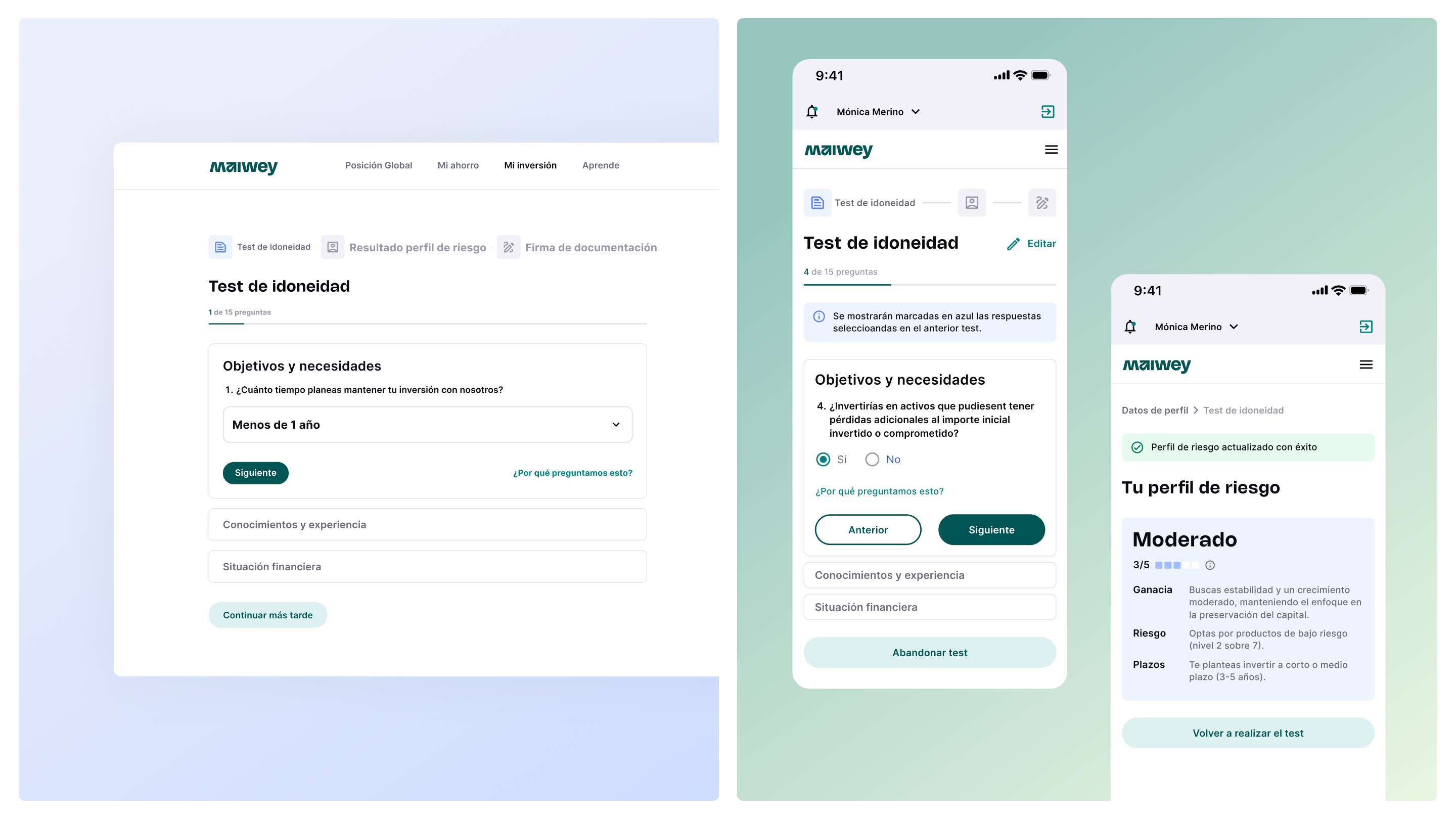 Suitability test - desktop form with progressive questions and 'why are we asking this' explanations, alongside mobile risk profile result